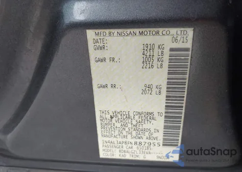 2015 Nissan Altima 2.5/2.5 S/2.5 Sl/2.5 Sv z USA, uszkodzony, nr VIN 1N4AL3AP8FN887955